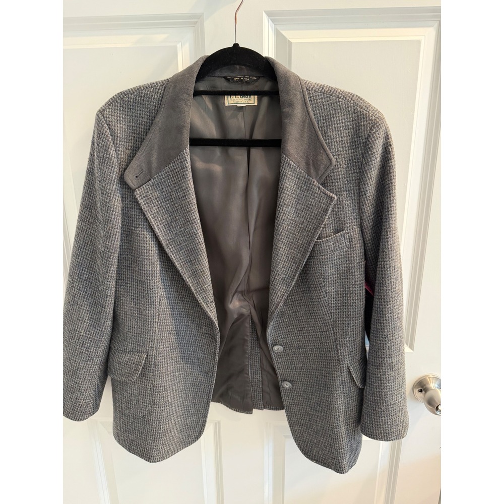 LL Bean Vintage Wool Houndstooth Blazer Jacket Gray Suede Trim women's 12P